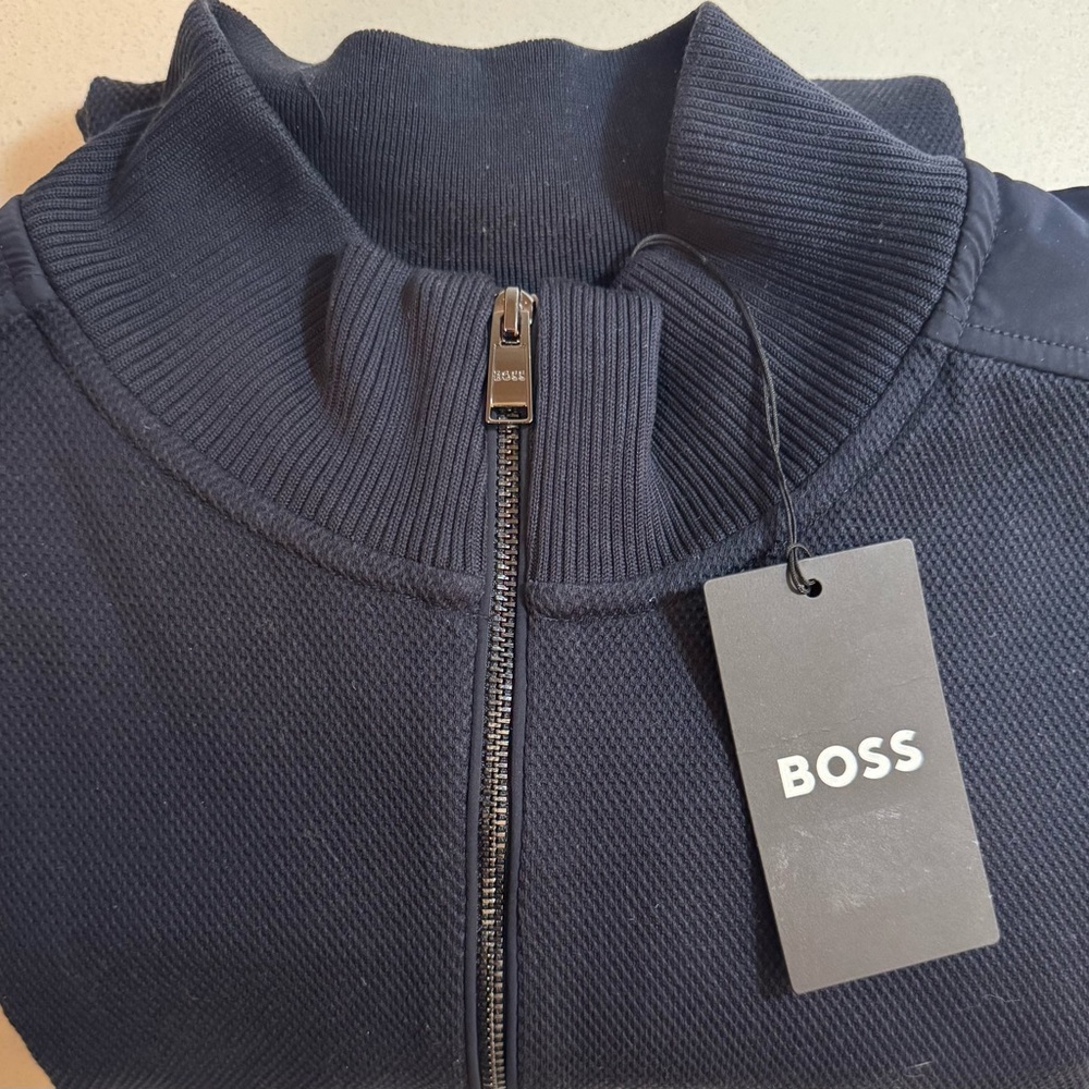BOSS 100%Genuine NAVY Zip-Up Sweater with Textured  knit pattern, size XXL, NWT